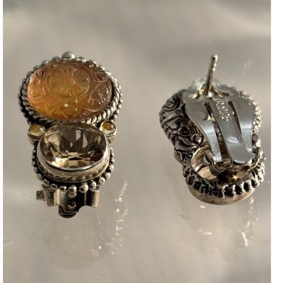 Stephen Dweck Sterling Flower Carved Crystal & Faceted Smokey Quartz EARRINGS - Picture 3 of 7